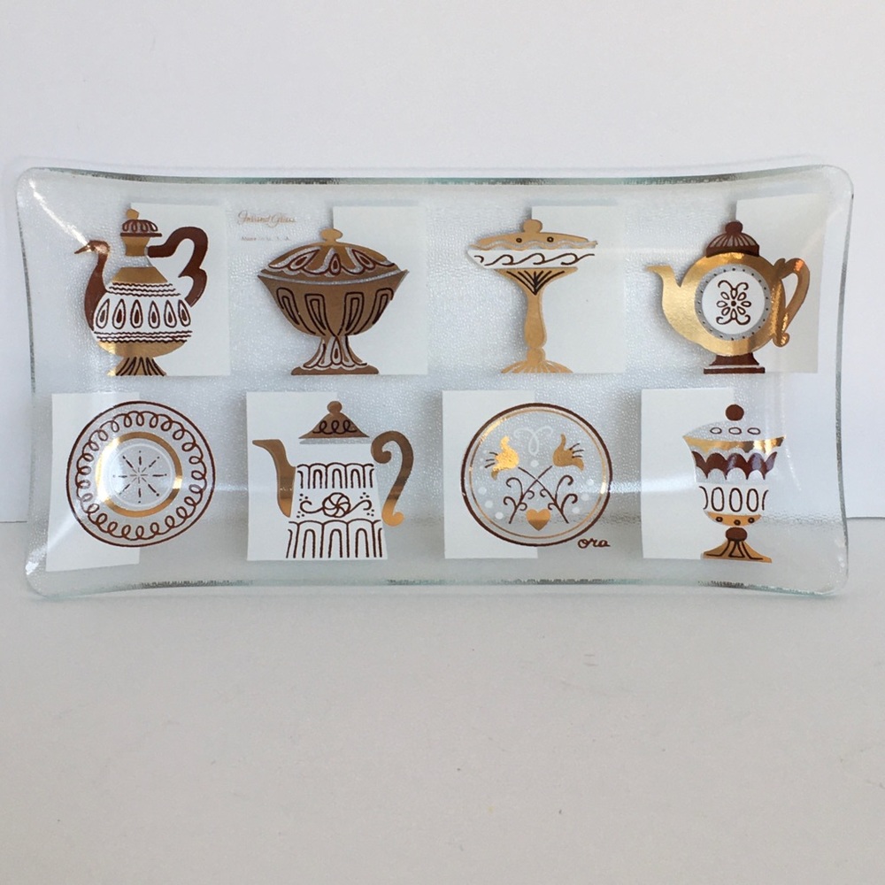 Vintage Inland Glass tray coffee theme clear gold